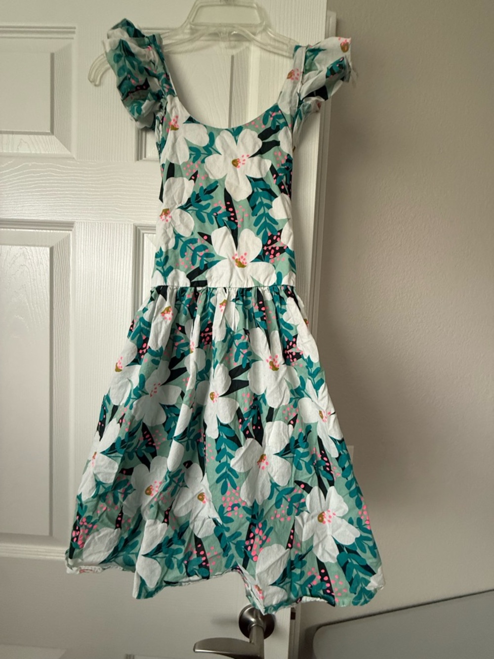 White Floral Sundress with Teal Leaves Small